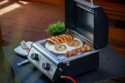 Grillfürst G201E 2-Brenner Gasgrill Portabel V2 - Campinggrill / Balkongrill 50mbar - Inkl. Untergestell -Grillen im Freien Grillfuerst Camping Gasgrill G201 Pizzastein